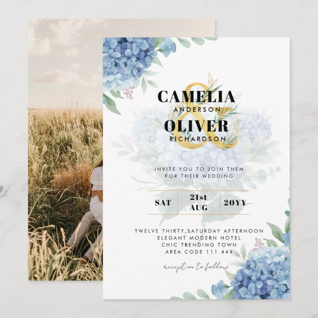Modern Blue Hydrangea PHOTO Wedding Invitation (Front/Back)