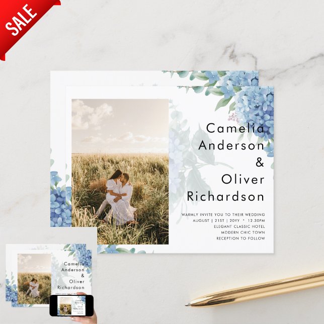 Modern Blue Hydrangea PHOTO Wedding Invitation (Creator Uploaded)