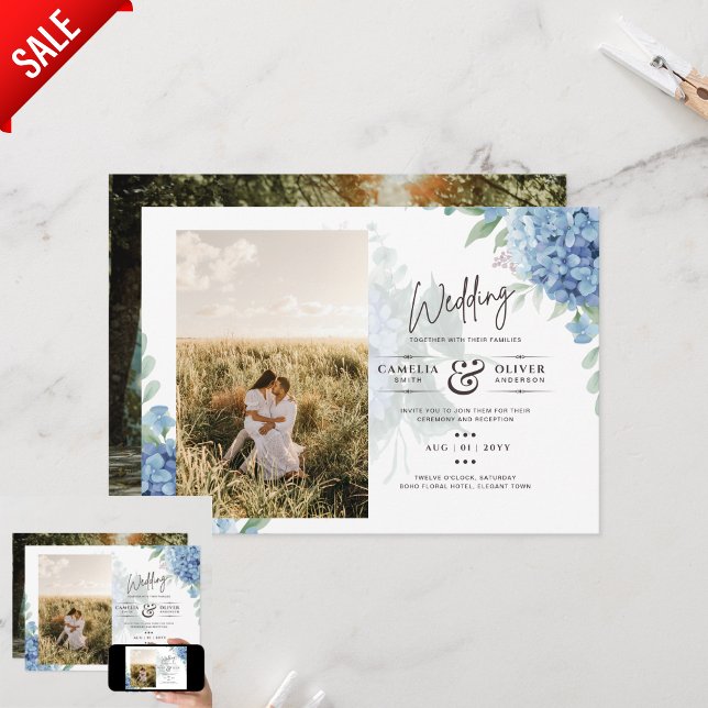 Modern Blue Hydrangea PHOTO Wedding Invitation (Creator Uploaded)