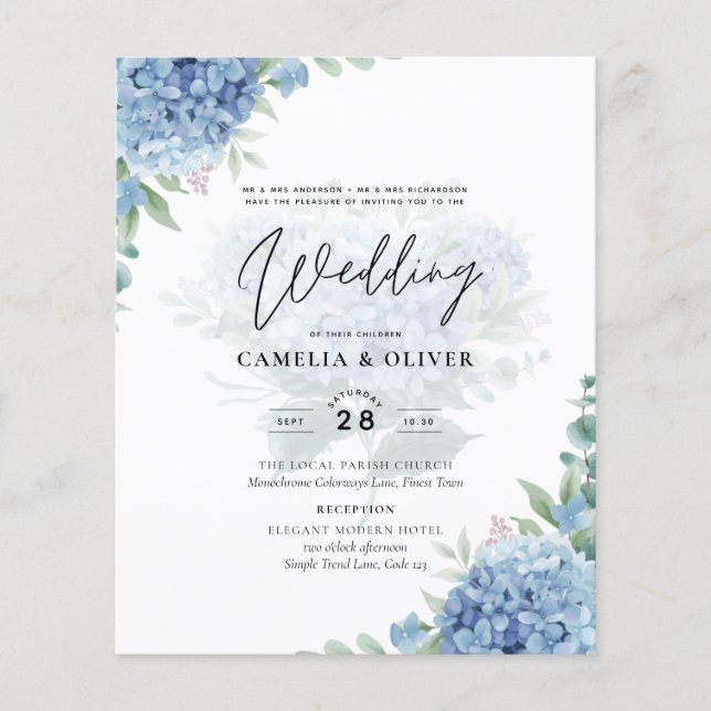 Modern Blue Hydrangea PHOTO Wedding Invitation Flyer (Front)
