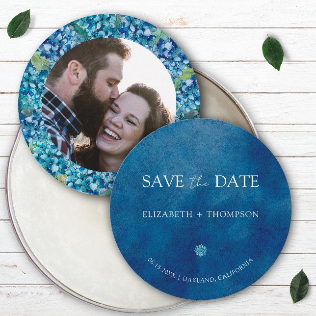 Modern Blue Hydrangea Round Wedding Save The Date (Creator Uploaded)
