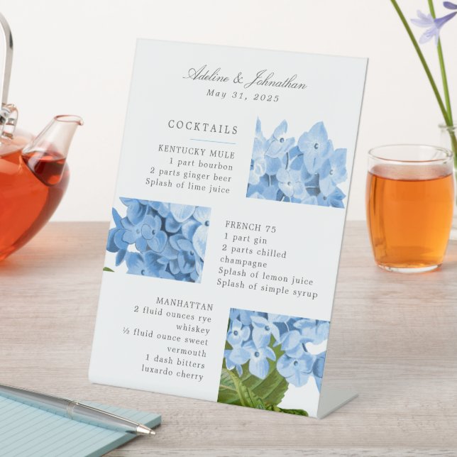 Modern Blue Hydrangea Signature Drink Menu Pedestal Sign (In SItu)