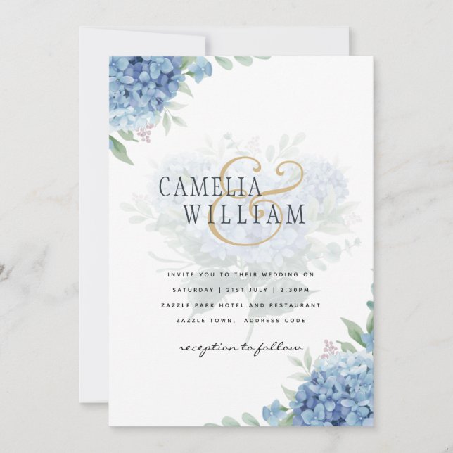 Modern Blue Hydrangea Wedding Invitation QR Code (Front)