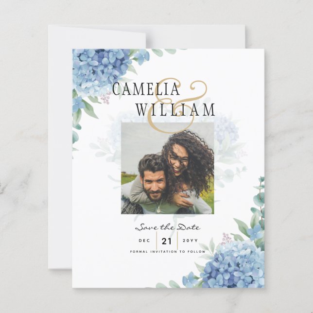 Modern Blue Hydrangea Wedding Invitation QR Code (Front)