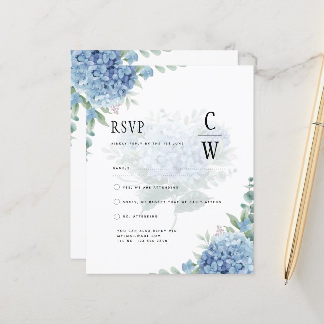 Modern Blue Hydrangea Wedding Invitation QR Code (Front/Back In Situ)