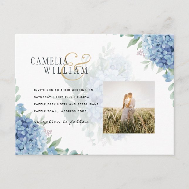 Modern Blue Hydrangea Wedding Invitation QR Code Postcard (Front)