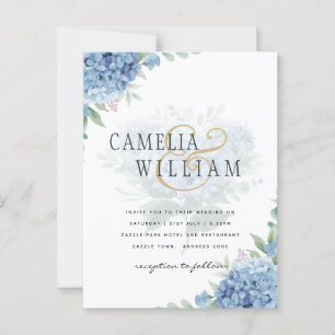Modern Blue Hydrangea Wedding Invitation QR Code Postcard