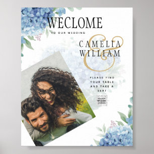 Modern Blue Hydrangea Wedding Invitation QR Code Poster