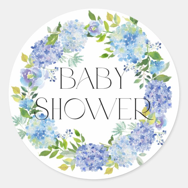 Modern Blue Hydrangea Wreath Baby Shower Classic Round Sticker (Front)