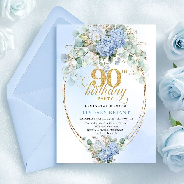 Modern Blue Hydrangeas Eucalyptus 90th Birthday Invitation (Modern Blue Hydrangeas Eucalyptus 90th Birthday)