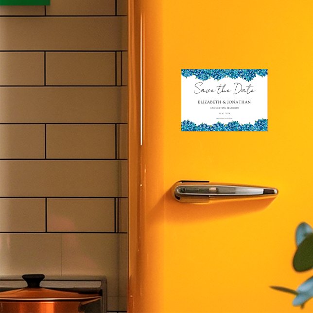 Modern Blue Hydrangeas Navy Blue Striped Wedding Magnetic Invitation (Creator Uploaded)