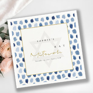 MODERN BLUE INDIGO WATERCOLOR DOTS BAR BAT MITZVAH NAPKIN