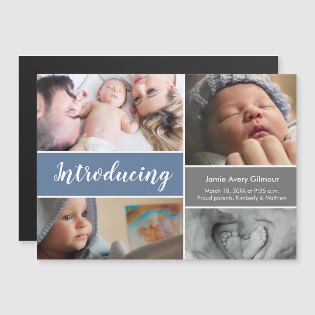 Modern blue Introducing baby script photo collage  Magnetic Invitation (Front/Back)