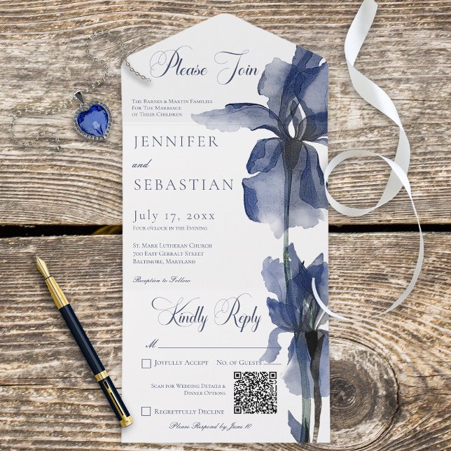 Modern Blue Iris Flower QR Code All In One Invitation (Also available without a QR code; with or without dinner selectin options.)