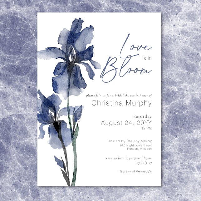 Modern Blue Iris Love In Bloom Bridal Shower Invitation (Modern Blue Iris Love In Bloom Bridal Shower Invitation)