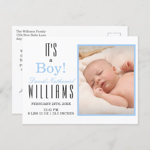 Modern Blue It's a BOY! Baby Birth Announcement Postcard