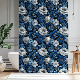 Modern Blue Ivory Floral Bathroom Shower Curtain