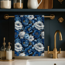 Modern Blue Ivory Floral Decorative Kitchen Towel