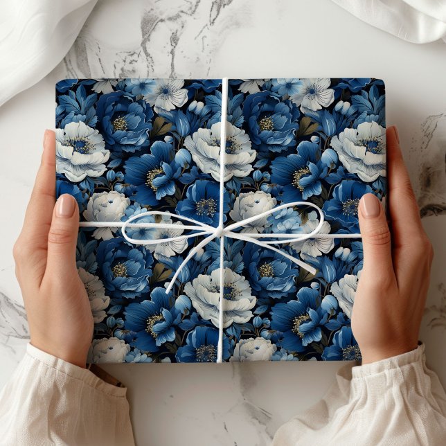 Modern Blue Ivory Floral Decorative Wrapping Paper (Modern Blue Ivory Floral Decorative Wrapping Paper)