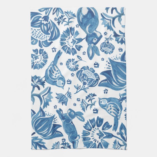 Modern Blue Jacobean Floral Rabbit Bird Pattern Tea Towel (Vertical)