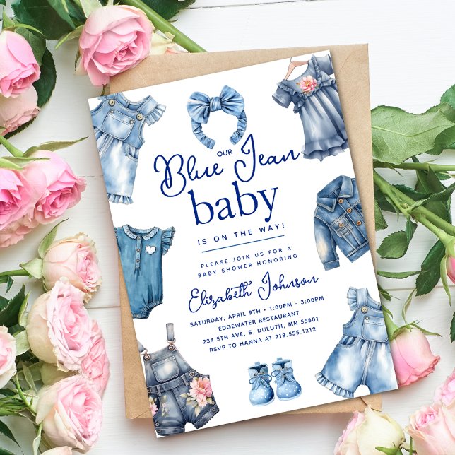 Modern Blue Jean Baby Denim Theme Girl Baby Shower Invitation (Modern Blue Jean Baby Denim Theme Girl Baby Shower Invitation)