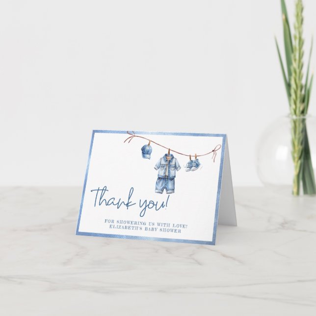 Modern Blue Jeans Baby Baby Shower Thank You Card (Front)