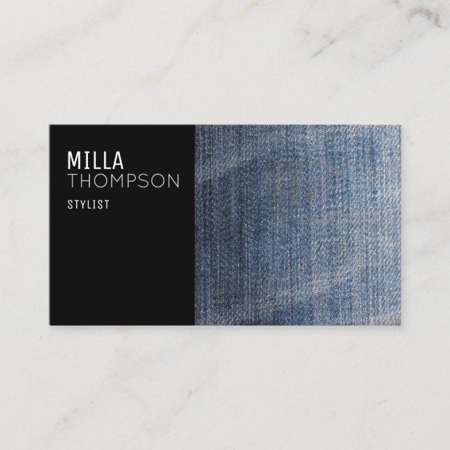 modern blue jeans business card for a stylist (Front)