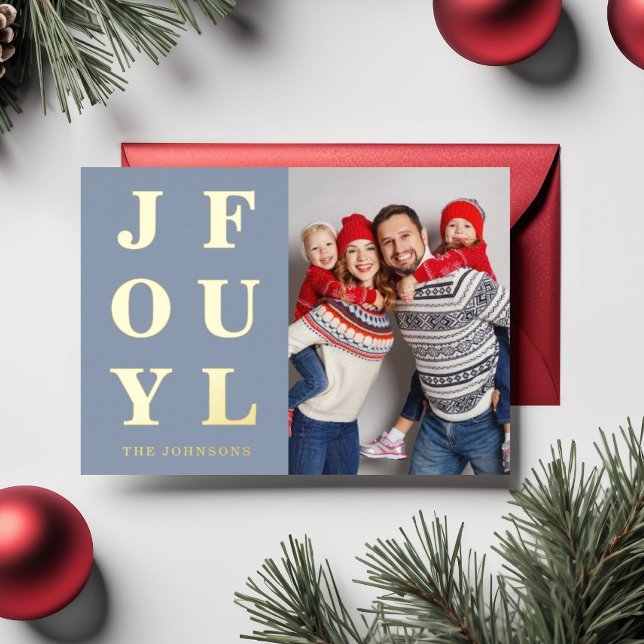 Modern Blue Joyful Photo Christmas Gold Foil Holiday Card (Modern Blue Joyful Photo Christmas Gold Foil Holiday Card)