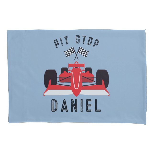 Modern Blue Kids Red Racing Car Pillowcase (Front)
