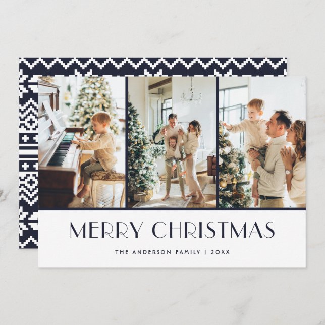 Modern Blue Knitted Pattern Photo Christmas Card (Front/Back)