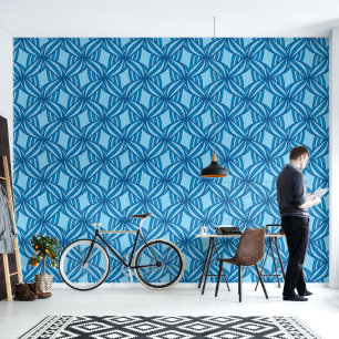 Modern Blue Lattice Waves Geometric Wallpaper