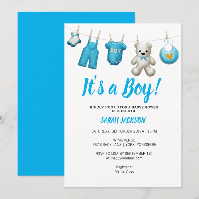 Modern Blue Laundry It’s a Boy Baby Shower Invitation (Front/Back)