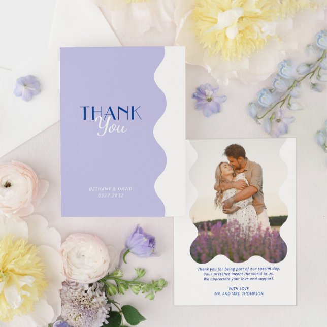 Modern Blue Lavender Wave Border Photo Wedding Thank You Card (Creator Uploaded)