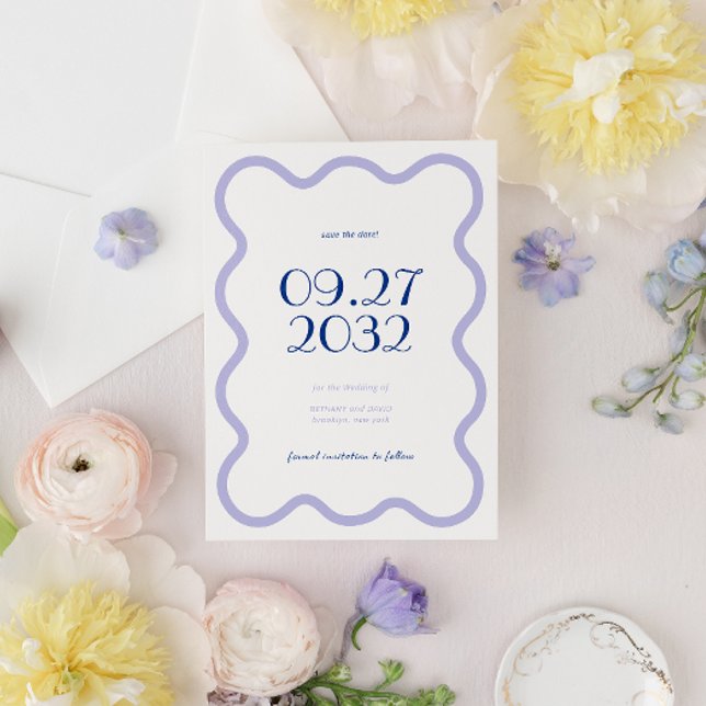 Modern Blue Lavender Wave Scallop Border Wedding Save The Date (Creator Uploaded)