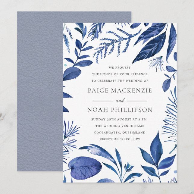 Modern Blue Leaf Elegant Wedding Invitation (Front/Back)