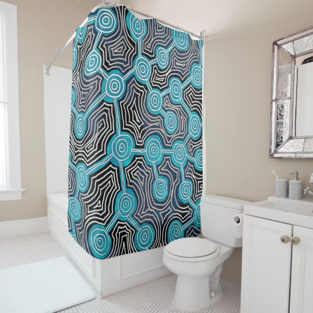 Modern Blue Lifelines Modern Abstract Pattern Shower Curtain (In Situ)