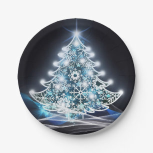 Modern Blue Lighted Christmas Tree Graphic Paper Plate