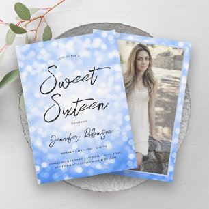 Modern Blue Lights Photo Sweet 16 Party Invitation