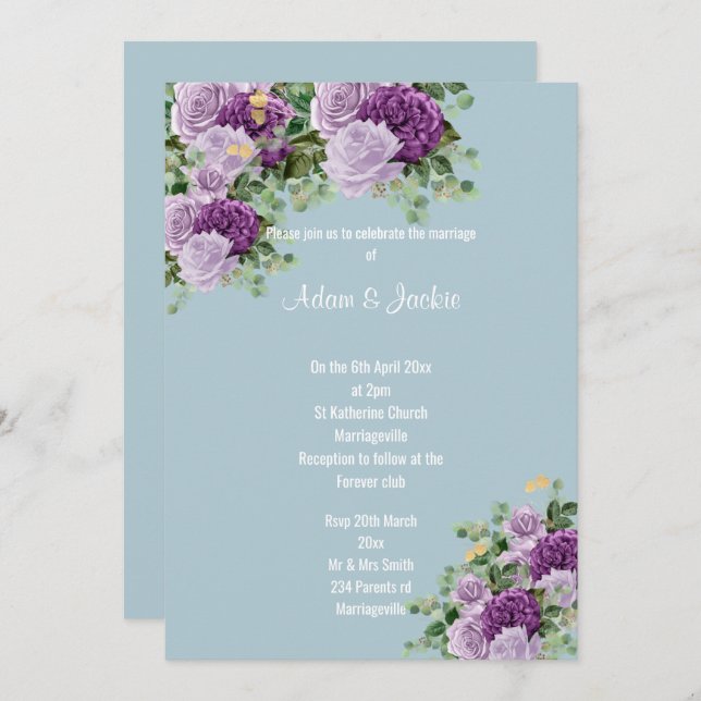 Modern Blue Lilac Purple floral ELEGANT WEDDING Invitation (Front/Back)