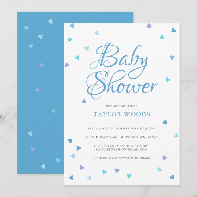 Modern Blue Love Hearts Baby Boy Shower / Sprinkle Invitation (Front/Back)