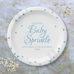 Modern Blue Love Hearts Baby Boy Shower Sprinkle Paper Plate