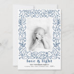 Modern Blue Love & Light Hanukkah Photo Holiday Card<br><div class="desc">A modern Hanukkah photo card design, featuring a hand-illustrated border made with foliage and chestnuts and a bold header that reads "love & light" in a beautiful light navy blue colour. Personalise with your family name and favourite picture. The image has a black and white filter that can be removed...</div>