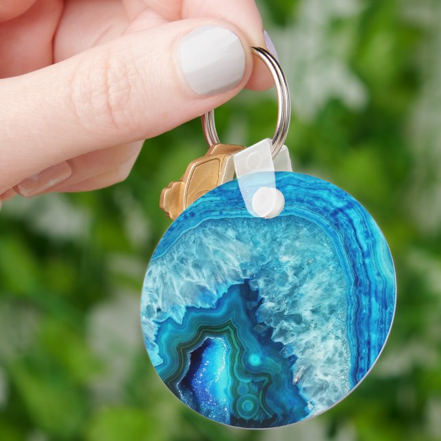 Modern Blue Marble Agate Key Ring (Cute Trendy Bright Blue Turquoise Crystal Geode Keychain)