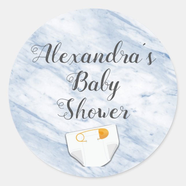 Modern Blue Marble Baby Shower Diaper Personalised Classic Round Sticker (Front)