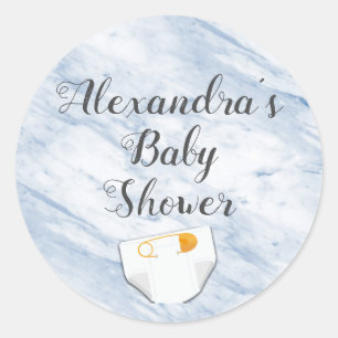Modern Blue Marble Baby Shower Diaper Personalised Classic Round Sticker
