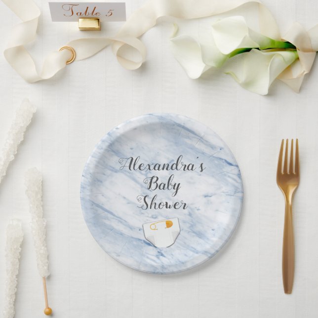 Modern Blue Marble Baby Shower Diaper Personalised Paper Plate (Wedding)