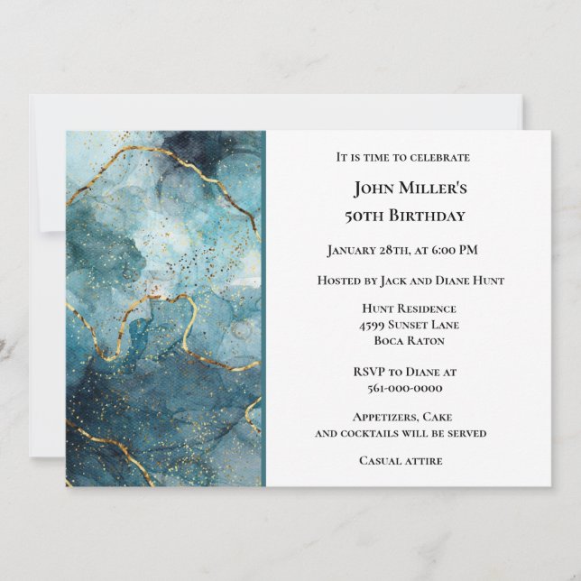 Modern Blue Marble Birthday Party  Invitation (Front)
