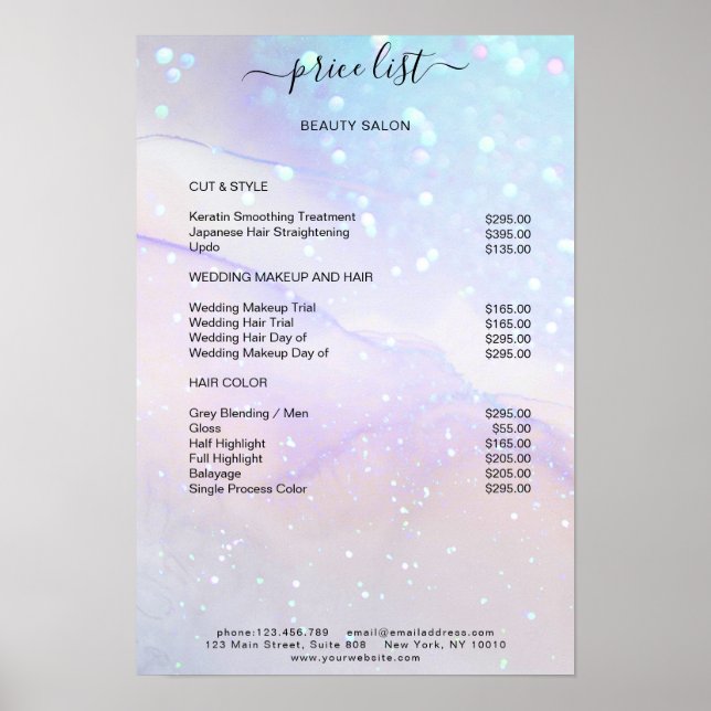 Modern Blue Marble Glitter Salon Price List  Poster (Front)
