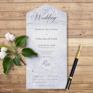 Modern Blue Marble Minimal Monogram Dinner All In One Invitation