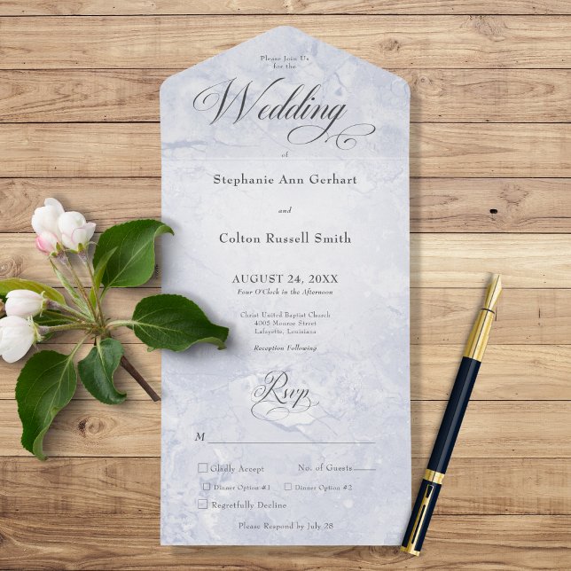 Modern Blue Marble Minimal Monogram Dinner All In One Invitation (Creator Uploaded)